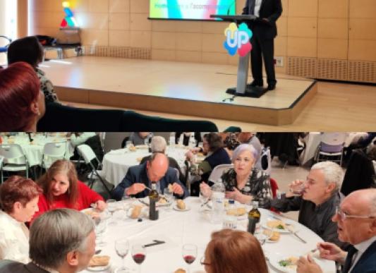 En la parte superior, presidente de SUPO, Pere Badia, hablando en el homenaje. En la inferior, varios asistentes durante la comida.